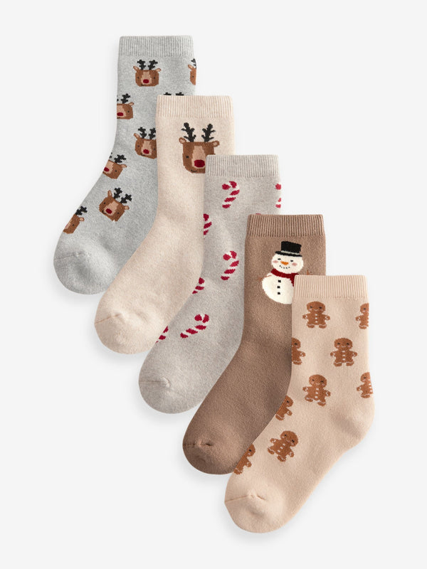 Neutral All Over Character Cotton Rich Christmas Socks 5 Pack