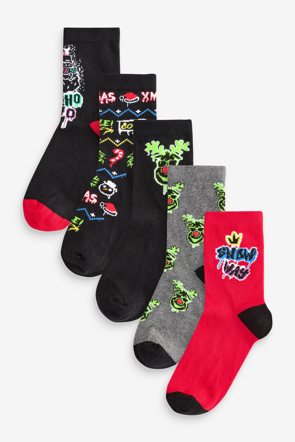 Graffiti Reindeer Cotton Rich Christmas Socks 5 Pack