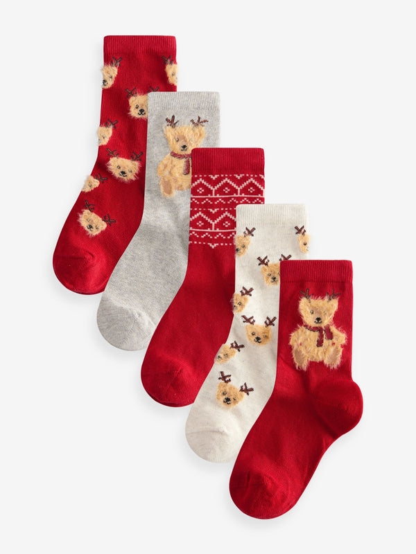 Red/Cream Bear Cotton Rich Christmas Socks 5 Pack