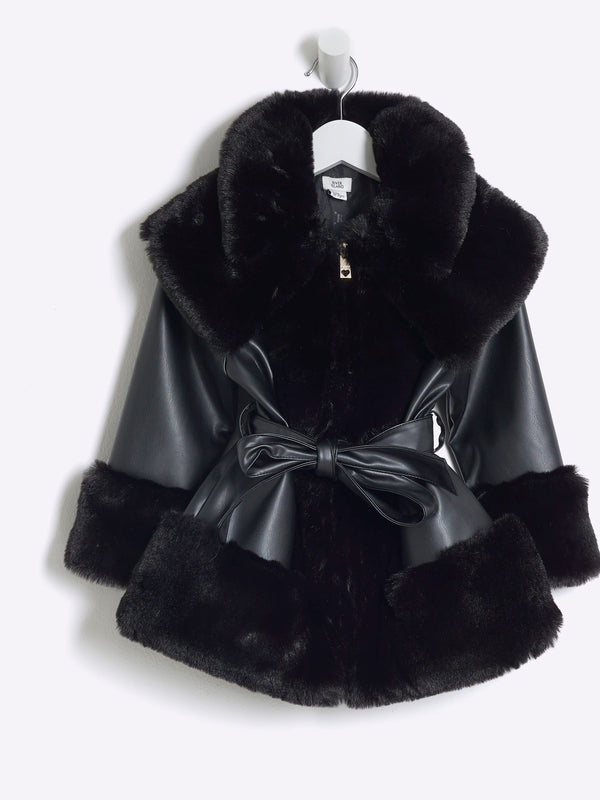 River Island Black Girls Faux Fur Leather BOWS  Wrap Coat