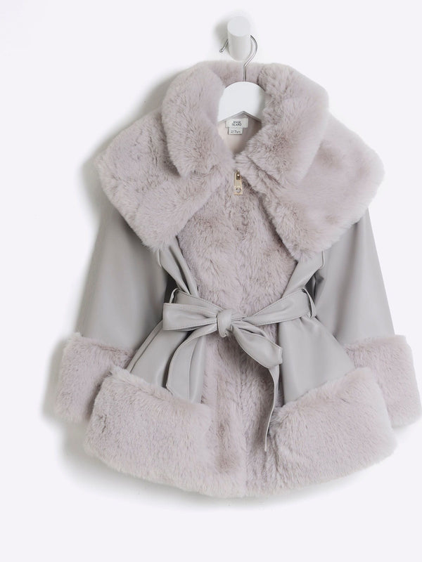 River Island Grey Girls Faux Fur Leather BOWS  Wrap Coat