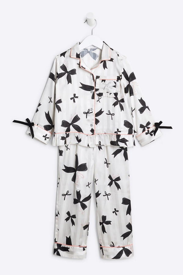 River Island Cream Girls Bow Print Satin Pyjamas