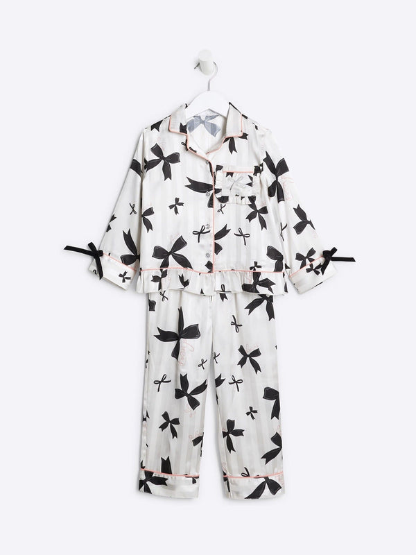 River Island Cream Girls Bow Print Satin Pyjamas