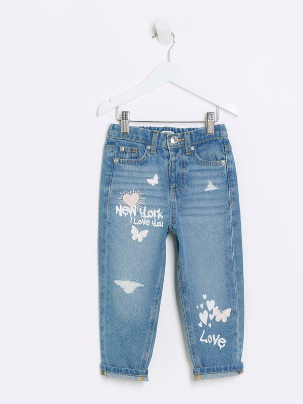 River Island Blue Girls New York Graffiti Mom 100% Cotton Jeans