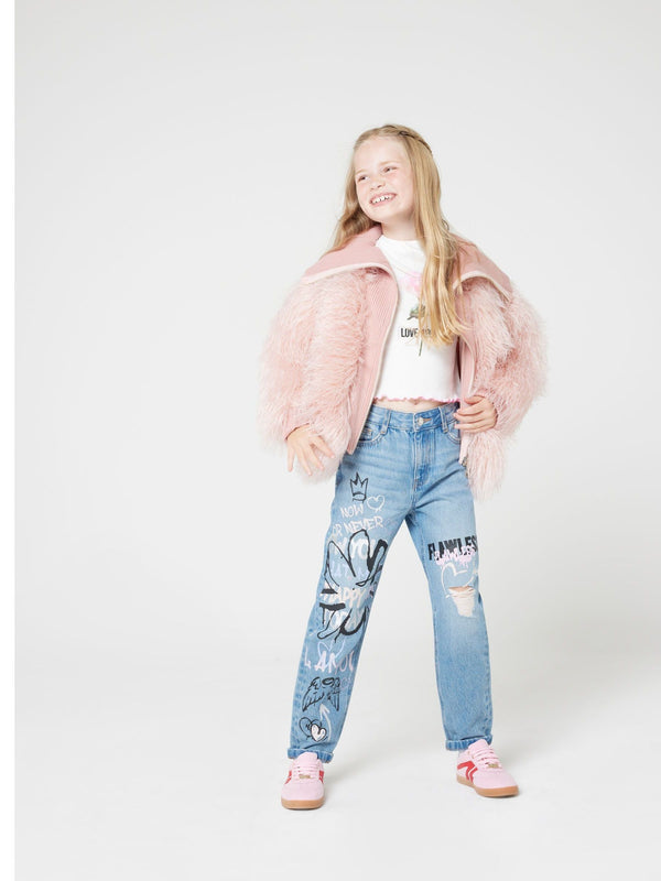 River Island Blue Mom Girls Now Or Never Graffiti 100% Cotton Jeans