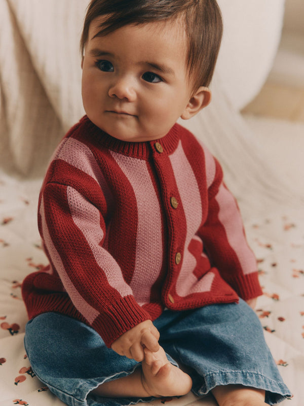 Pink/Red Stripe Baby 100% Cotton Knitted Cardigan (0mths-2yrs)