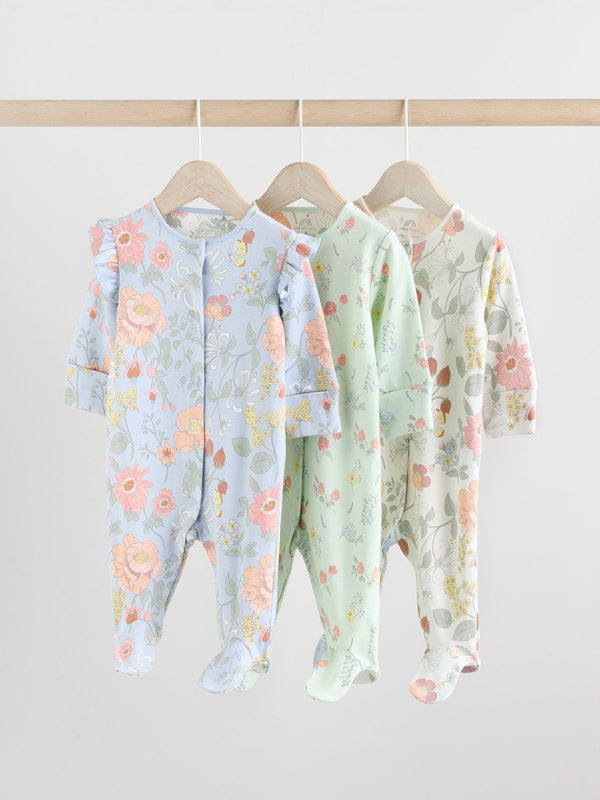 Blue 3 Pack Floral Blue Baby Sleepsuit (0-2yrs)