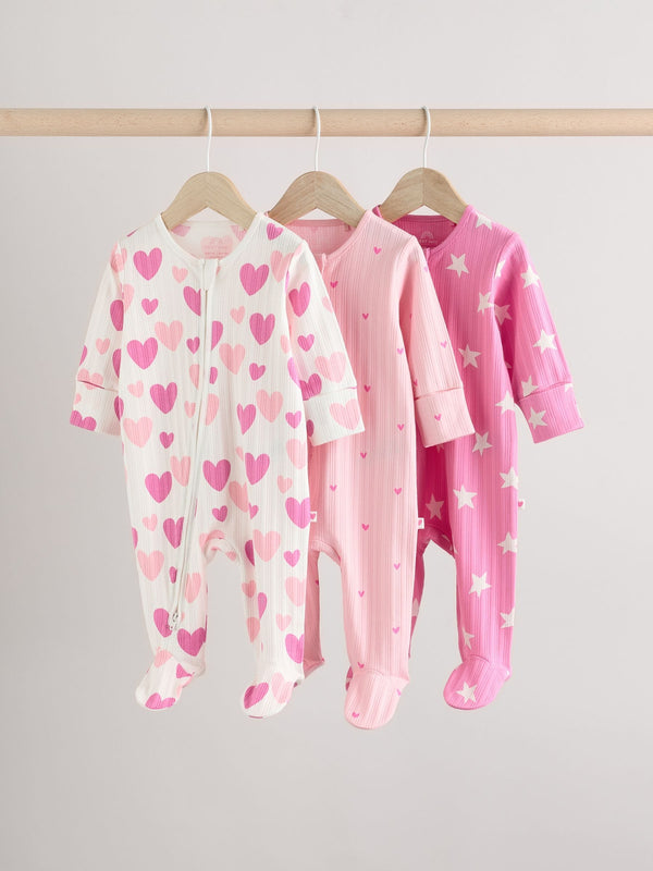 Pink Baby Pink Heart Printed 100% Cotton Sleepsuit 3 Pack (0mths-2yrs) (0mths-2yrs)