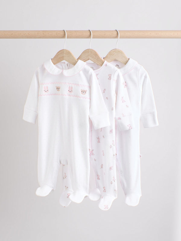White Baby Collar 100% Cotton Sleepsuits 3 Pack (0-2yrs)