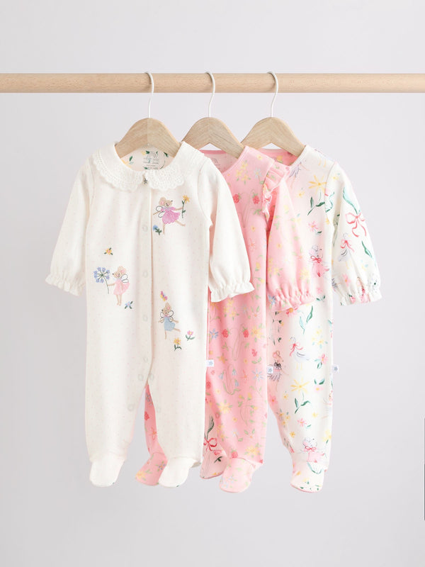 Pink Baby Frill Printed 100% Cotton Sleepsuits 3 Pack(immediate)