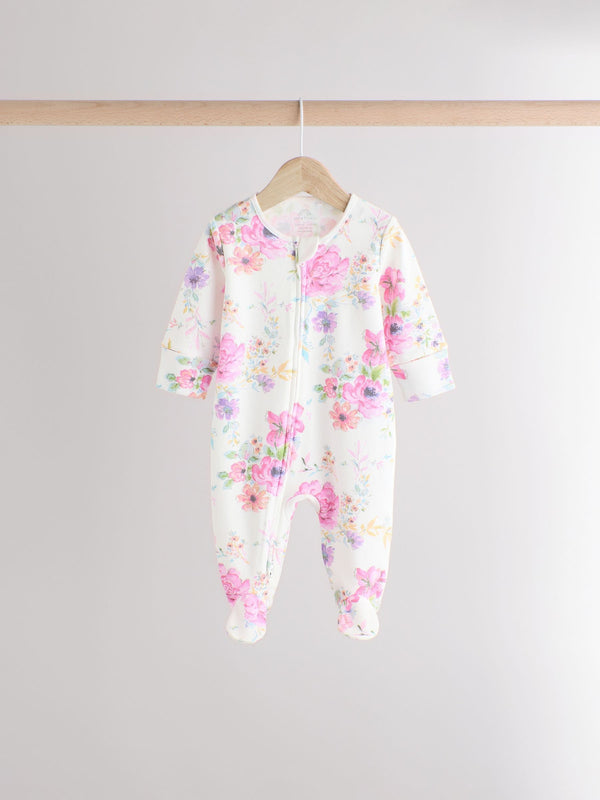 Pink Floral Baby 100% Cotton Sleepsuits 3 Pack (0mths-2yrs)