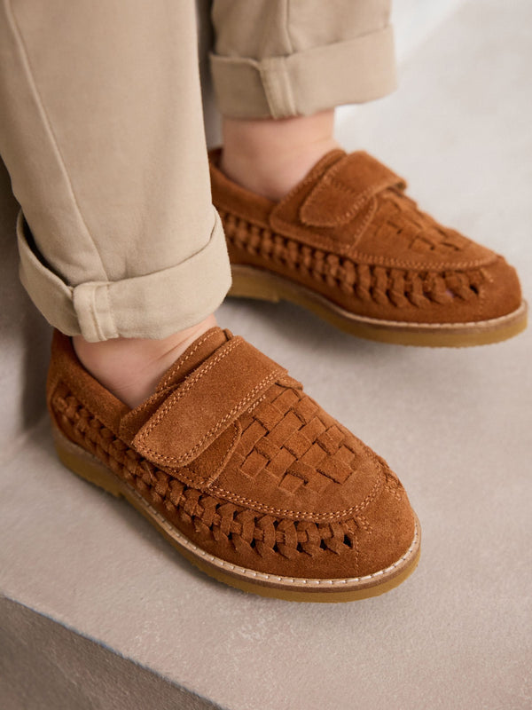 Tan Brown Suede Woven Loafers