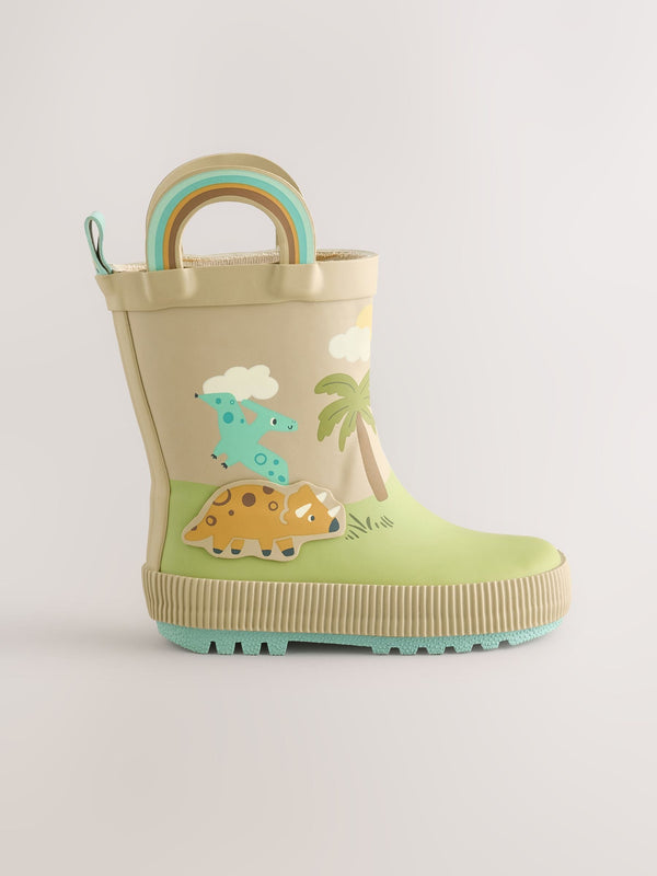 Neutral Dinosaur Handle Pull-On Wellies