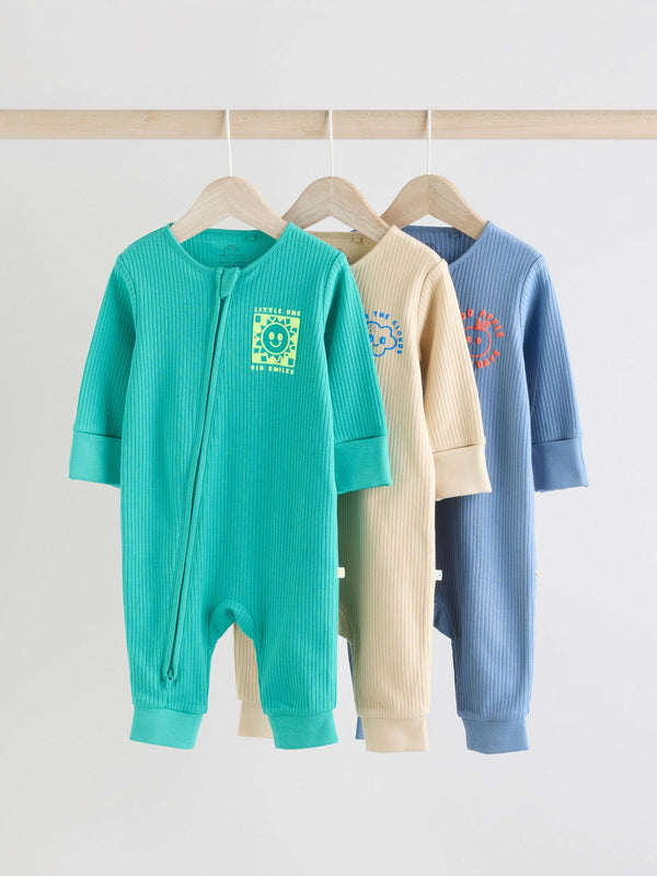 Blue Baby Two Way Zip Footless 100% Cotton Sleepsuits 3 Pack (0mths-3yrs)