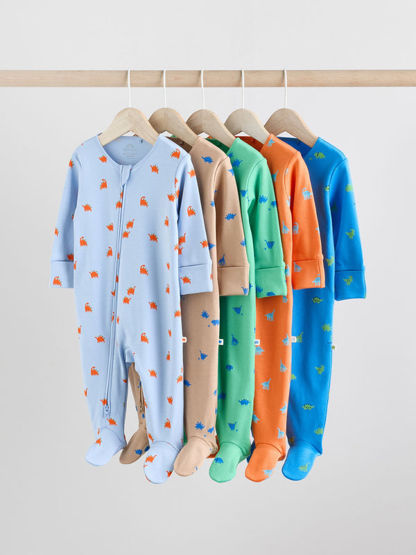 Bright 100% Cotton Two Way Zip Baby Sleepsuits 5 Pack (0mths-2yrs)