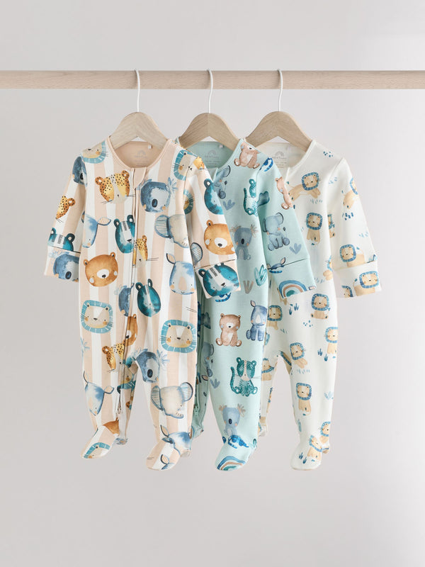 Blue Two Way Zip Baby Sleepsuits 3 Pack (0mths-2yrs)