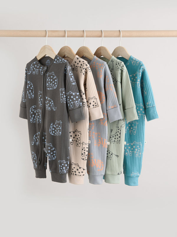 Minerals Baby Animal Print Two Way Zip Footless 100% Cotton Sleepsuits 5 Pack immediate