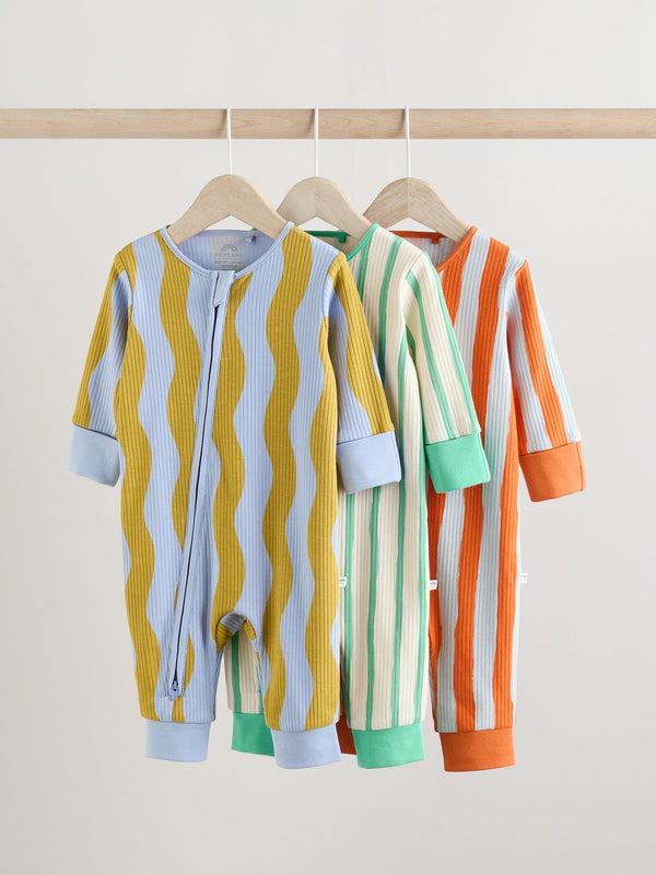Blue/Orange Baby Two Way Zip Footless 100% Cotton Sleepsuits 3 Pack (0mths-3yrs)