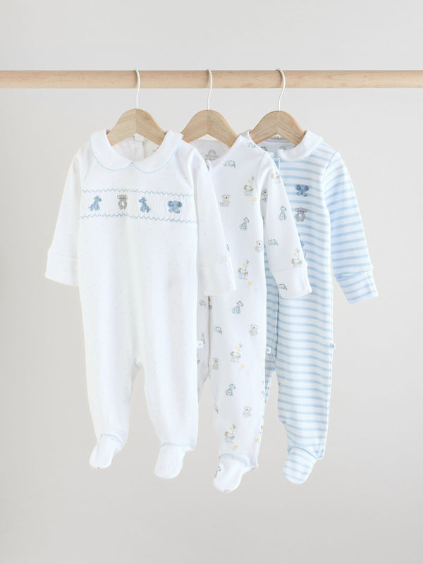 Blue/White Baby Embroidered 100% Cotton Sleepsuits 3 Pack (0-2yrs)