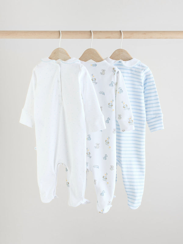 Blue/White Baby Embroidered Sleepsuits 3 Pack (0-2yrs)