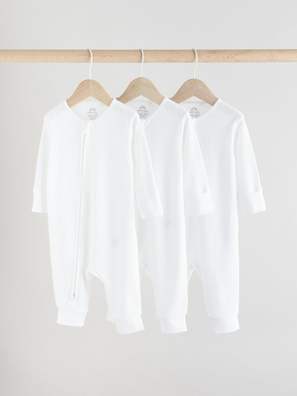 White Baby Two Way Zip Footless 100% Cotton Sleepsuits 3 Pack (0mths-2yrs)