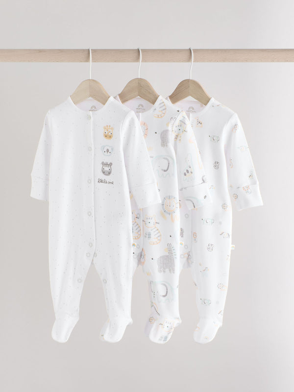 White Baby Animal Print 100% Cotton Sleepsuits 3 Pack (0-2yrs)