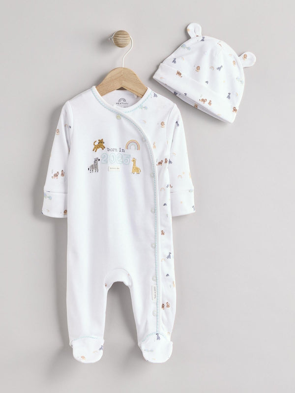 White Born in 2025 Baby Sleepsuit & Hat Set (0-9mths)