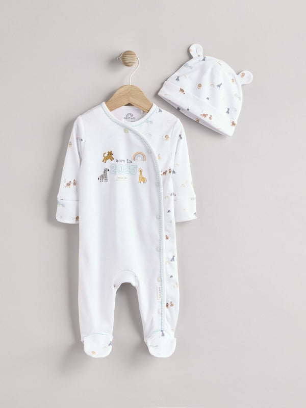 White Born in 2025 Baby Sleepsuit & Hat Set (0-9mths)