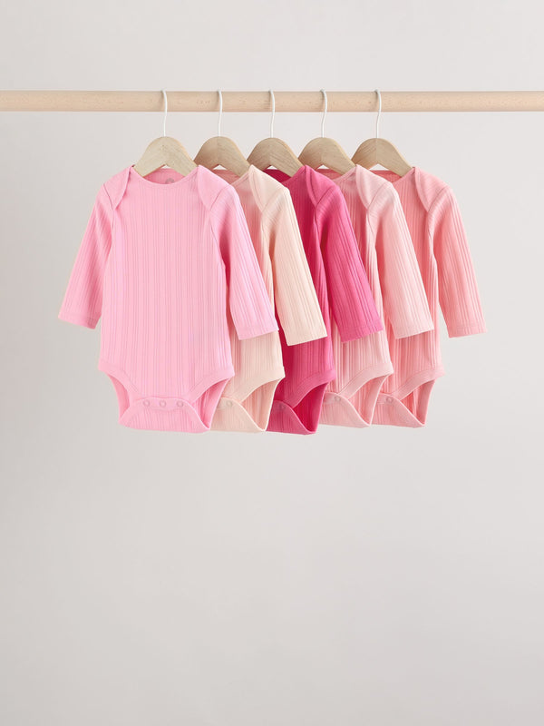 Pink Baby Long Sleeve 100% Cotton Ribbed Bodysuits 5 Pack