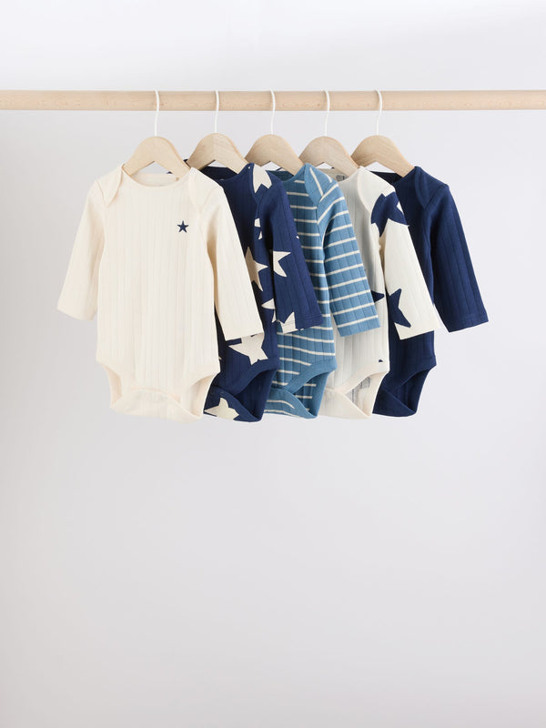 Blue Long Sleeve Baby Bodysuits 5 Pack