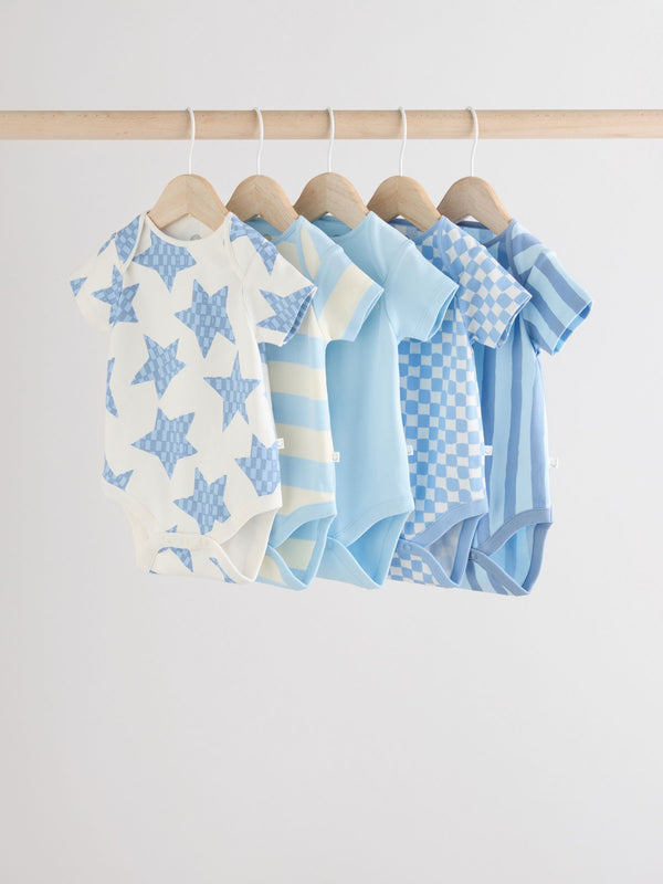 Blue Short Sleeve Baby 100% Cotton Bodysuits 5 Pack
