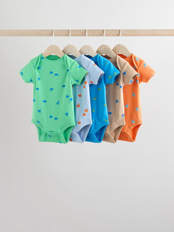 Blue/Green/Red Dinosaur Print 100% Cotton Short Sleeve Baby Bodysuits 5 Pack