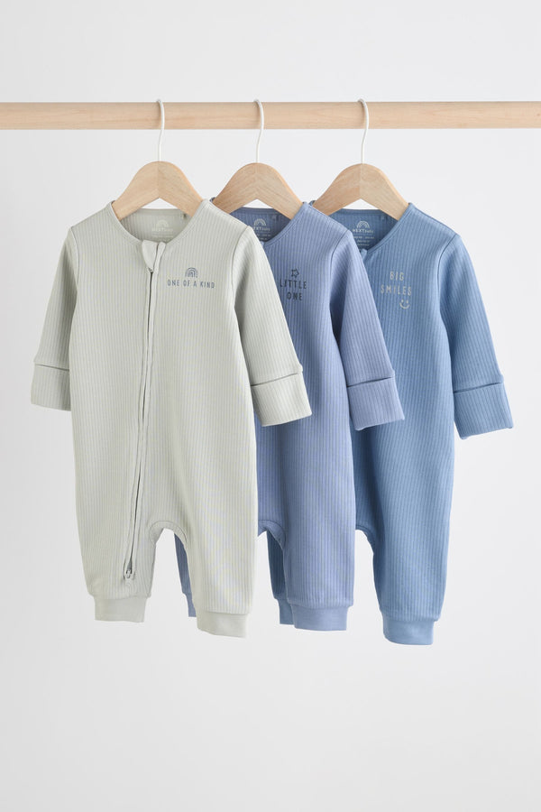 Blue Slogan 100% Cotton Baby Zip Sleepsuits 3 Pack (0-3yrs)