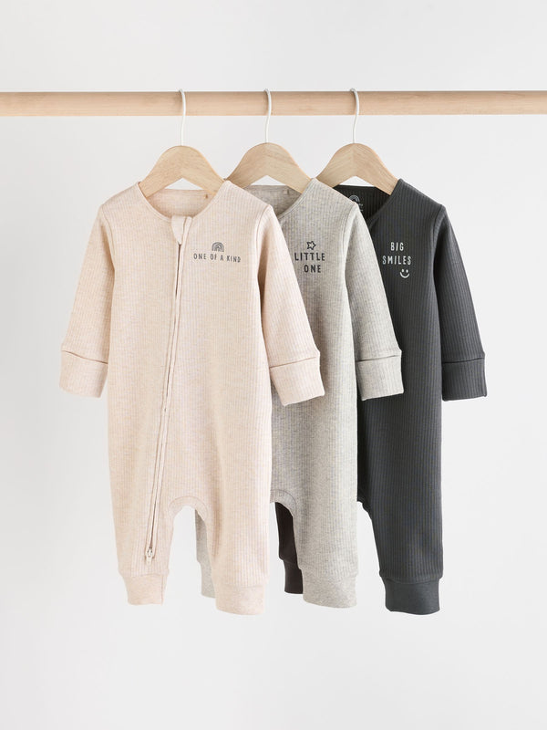 Neutral Slogan Baby Footless 2 Way Zip 100% Cotton Sleepsuits 3 Pack (0mths-3yrs)