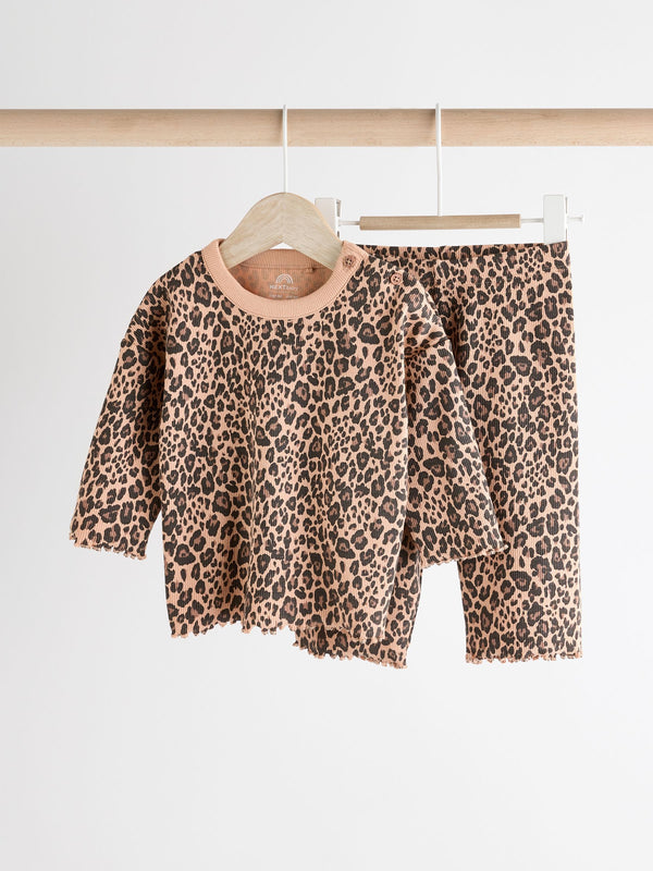 Tan Brown Leopard Print Baby Top and Wide Leg Trousers 2 Piece Set