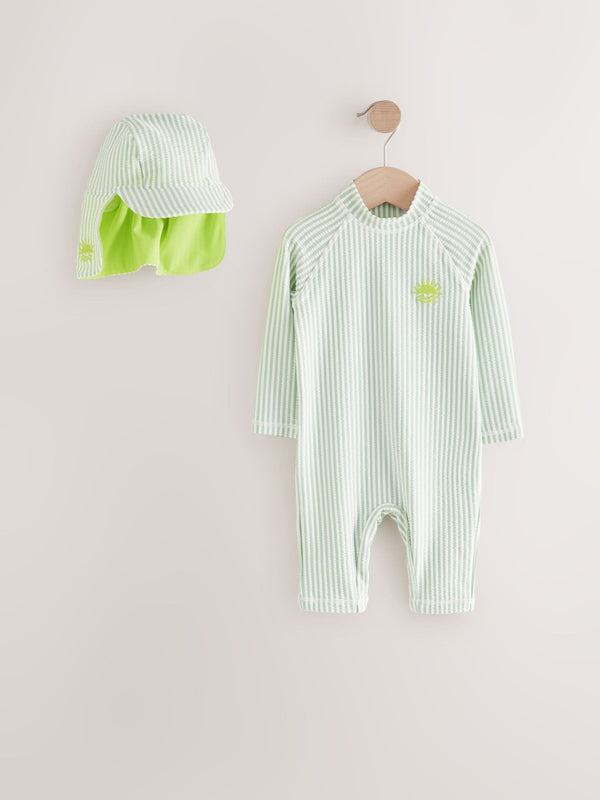 Green Stripe Sunsafe Swimsuit and Hat Set (3mths-7yrs)