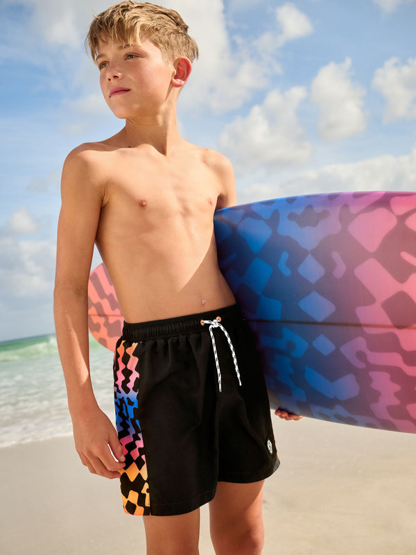 Black Checkerboard Printed Swim Shorts (3-16yrs)
