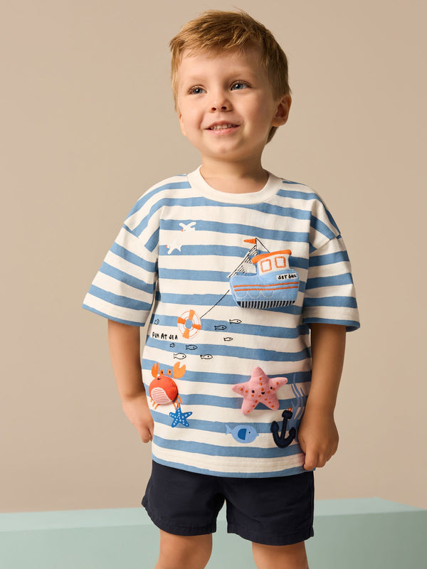 Blue Stripe 100% Cotton Short Sleeve 3D Padded Character T-Shirt (3mths-7yrs)