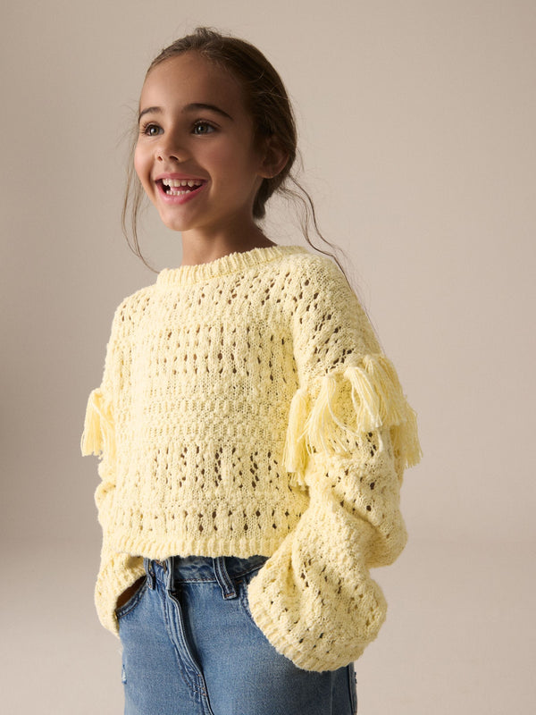 Lemon Yellow Tassle Knitted 100% Cotton Jumper (3-16yrs)