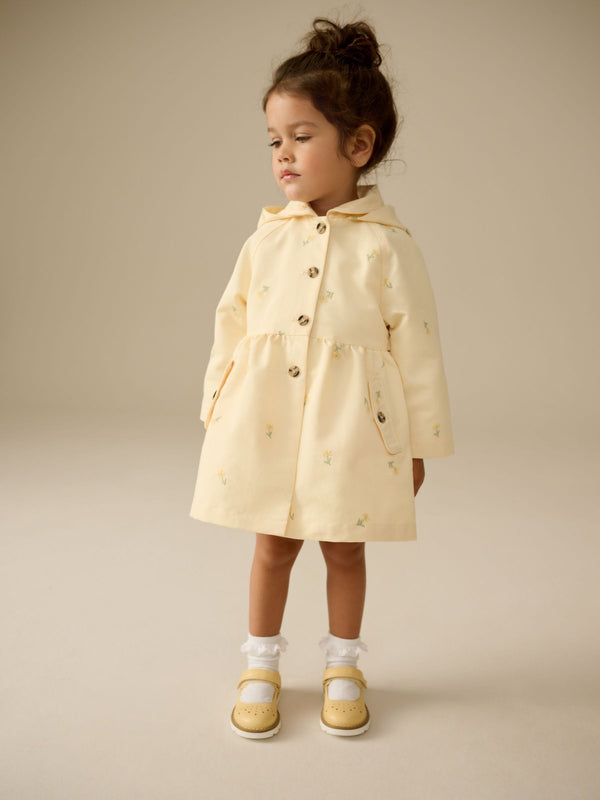 Lemon Yellow Shower Resistant Embroidery Trench Coat (3mths-7yrs)