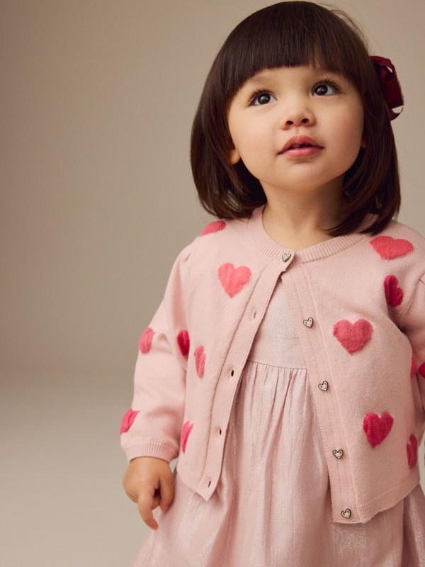 Pink Heart Pleated Sleeve Cardigan (3mths-10yrs)
