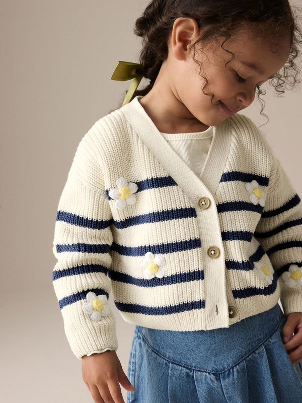 White Daisy Stripe V-Neck 100% Cotton Cardigan (3mths-7yrs)