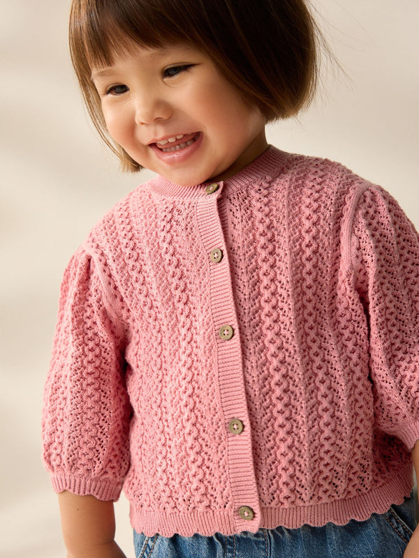 Pink 100% Cotton Pointelle Knitted Cardigan (3mths-7yrs)