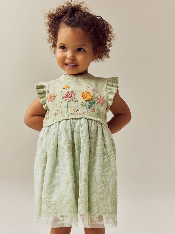 Green Floral Mesh Twofer Dress (3mths-10yrs)