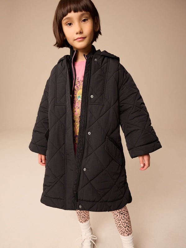 Black Shower Resistant Diamond Quilt Design with Rib Cuff Coat (3-16yrs)