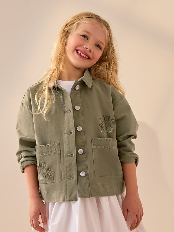 Khaki Floral Embroidered Shacket (3-16yrs)