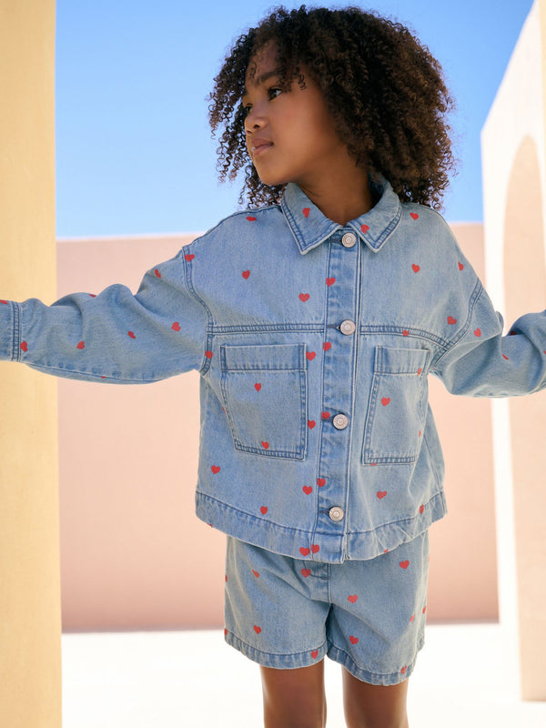 Denim Heart Emb 100% Cotton Shacket and Shorts Set (3-16yrs)