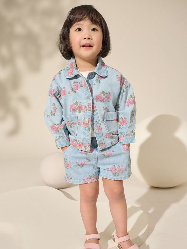 Blue Denim 100% Cotton Printed Shacket and Shorts Set (3mths-7yrs)