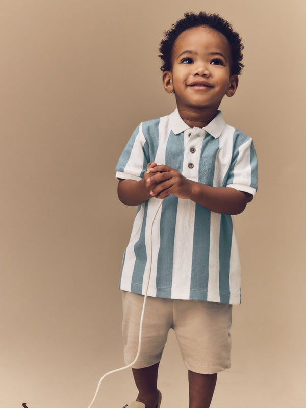 Blue/Tan Short Sleeve Textured Polo Shirt and Shorts Set (3mths-7yrs)