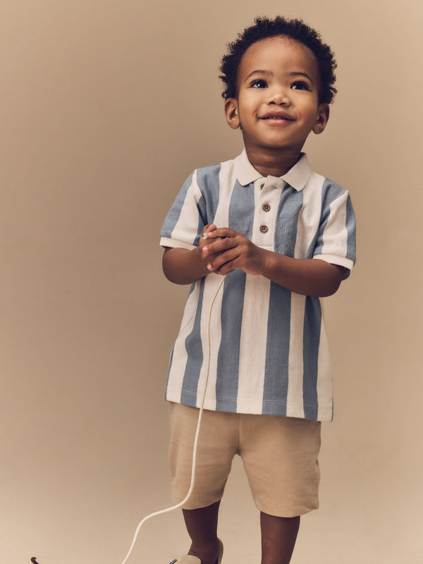Blue/Tan Short Sleeve Textured Polo Shirt and Shorts Set (3mths-7yrs)